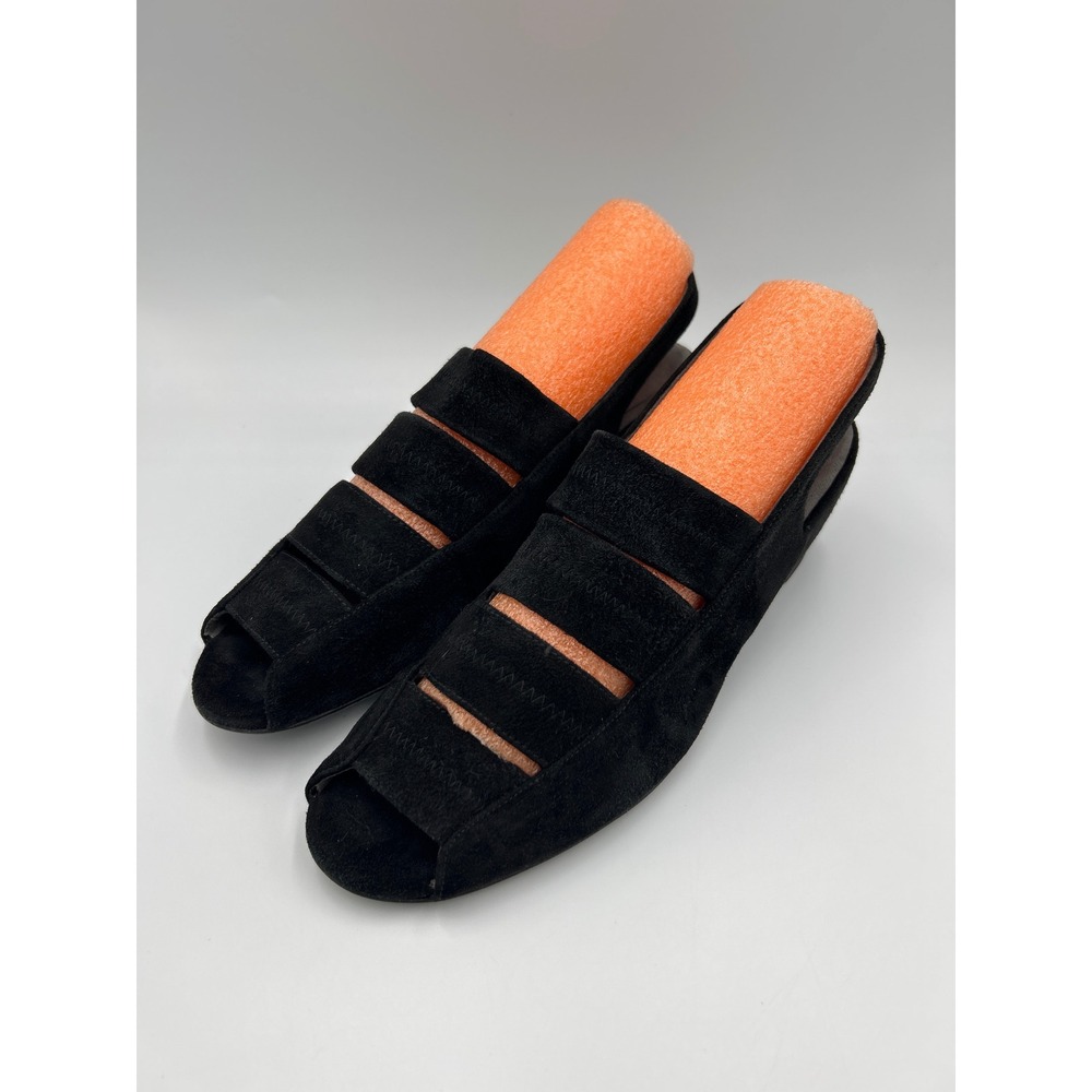 Stuart Weitzman Black Suede Peep Toe Wedge Sandals Multi Strap Slingback 8.5 - Picture 8 of 8